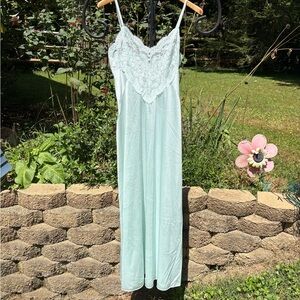 Vintage satin long Elegant Lace Trim baby blue gown Nightgown size medium